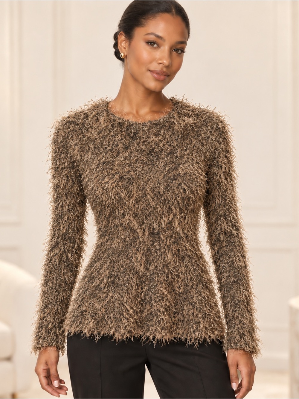 Jo Covey Bronze Brown Eyelash Fringe Quiet Luxury Knit Sweater Top • Small